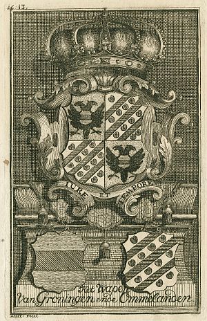 <p>Het provinciewapen van Groningen bestaat uit een combinatie van het wapen van de Stad en de Ommelanden. Gravure uit 1743. Collectie Groninger Archieven.</p>
