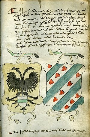 <p>De oudste afbeelding van het Ommelander wapen in kleur in het Lineageboek van Regnerus van Solckema, circa 1590. Collectie Fries Museum.</p>
