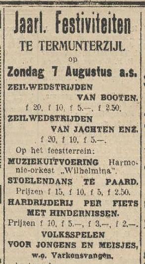 <p>Advertentie voor de zeilwedstrijden in het Nieuwsblad van het Noorden, 1927.</p>
