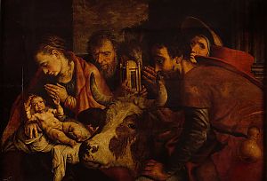 De aanbidding der herders van Pieter Aertsen (1554), met in het midden een blaarkop. - Museum Stad Amsterdam