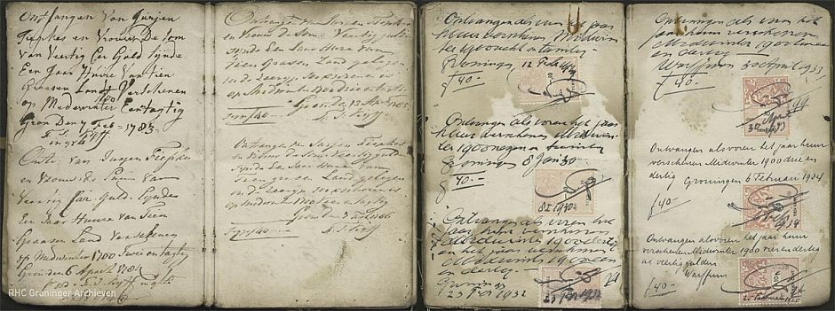 <p>Vier pagina&rsquo;s uit een huurboekje (1781 tot 1935).&nbsp;Grondeigenaar was de&nbsp;familie Coolman in &rsquo;t Zandt. De beklemde meiers betaalden alle jaren dezelfde huur voor 10 gras land.&nbsp;Na 1881 plakte men zegels bij de kwitanties.</p>
